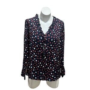Part Two Blouse Womens  Navy Ruffle V-Neck Long Sleeve Polka Dot Top